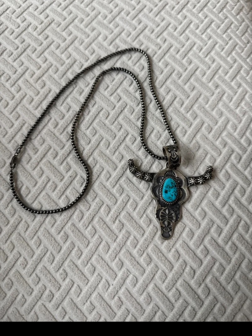 Turquoise Steer Head Pendant Necklace - Silver Tone